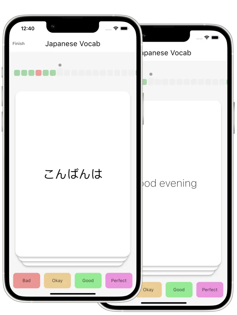 Two mobile screenshots show the Flashwise Study screens, displaying the front side and reverse side of a Japanese flashcard, the reverse reading 'Good Evening'.
