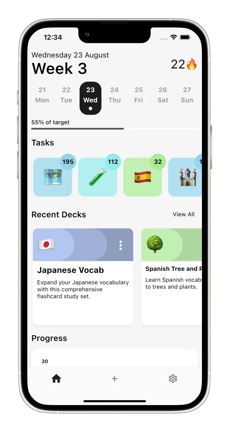 Mobile app dashboard showing calendar date 'Wednesday 23 August', progress at '55%', tasks icons, and two study decks for 'Japanese Vocab' and 'Spanish Tree and Plants'.