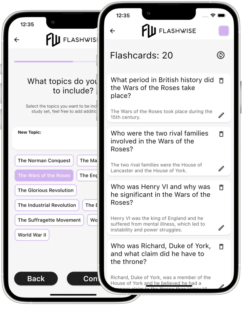 Two screenshots show the creation of a history flashcard deck.